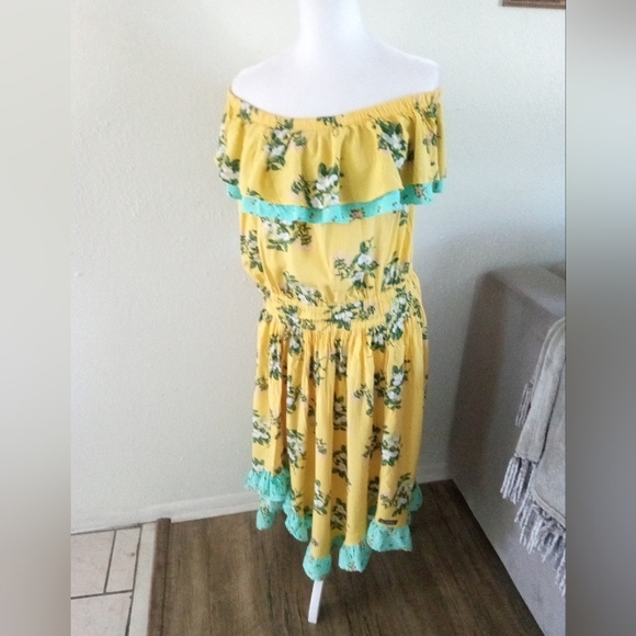 MATILDA JANE Gold & Aqua Floral Ruffled Off Shoulder Dress | L - Picture 2 of 8